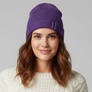Portolano Purple Lambswool Angora Ribbed Knit Bow Beanie - O/S, NWTs